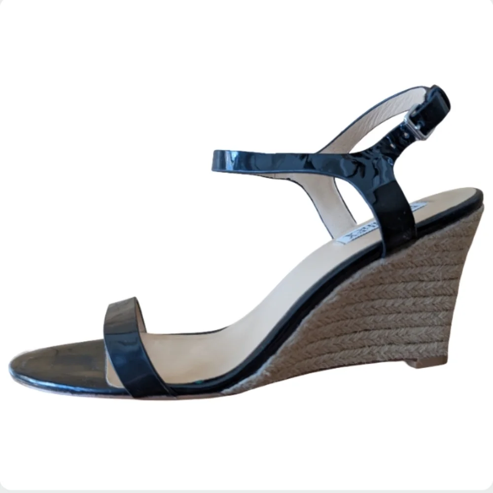 Badgley Mischka Black Patent Leather Espadrille Wedge Sandals Size 8.5